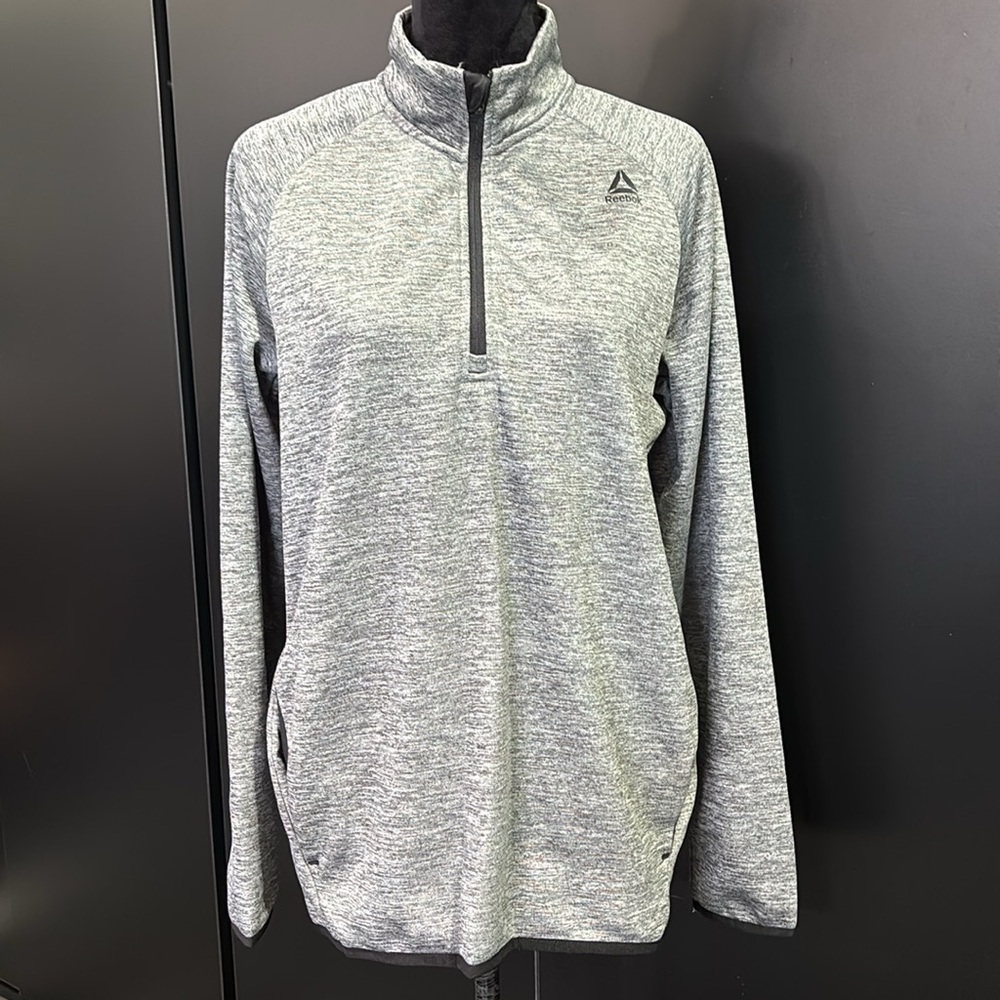 Reebok Powerlift quarter zip pullover, hip pockets, logo chest,thumb holes